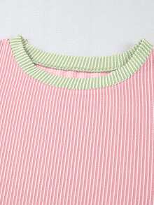 Acelitt Camiseta casual holgada de cuello redondo con textura y contraste de colores para mujer talla grande, adecuada para primavera y otoño - Multicolor - Ver 6