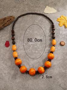 Handmade Bohemian Style Wooden Bead Long Necklace - Orange - View 4