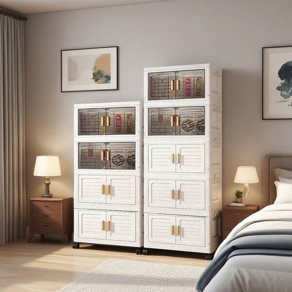 1pc 17.72inch 4/5 Tier Christmas Decoration Storage Cabinet, Durable PP Material, Double Door Large Capacity Foldable Wheeled Box, Suitable For Storing Clothes/Household Items/Holiday Gifts, Applicable To Bathroom/Bedroom/Living Room/Closet