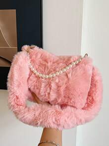 Geantă de mână plisată din pluș, la modă, cu decor de lanț de perle, culoare solidă, geantă de umăr portabilă pentru femei, potrivită pentru toamnă/iarnă, ideală pentru cadouri de sărbători