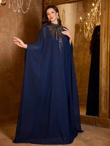 UNITHORSE 女士优雅立领长袖贴花雪纺气质长款晚礼服 - 藏蓝色 - 查看 1