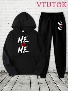 Men's Casual Printed Hoodie And Sweatpants Set, Autumn And Winter Men's Sportswear, Men's Fashion  Sportswear Printed ME VS ME - 黑色 - 查看 1