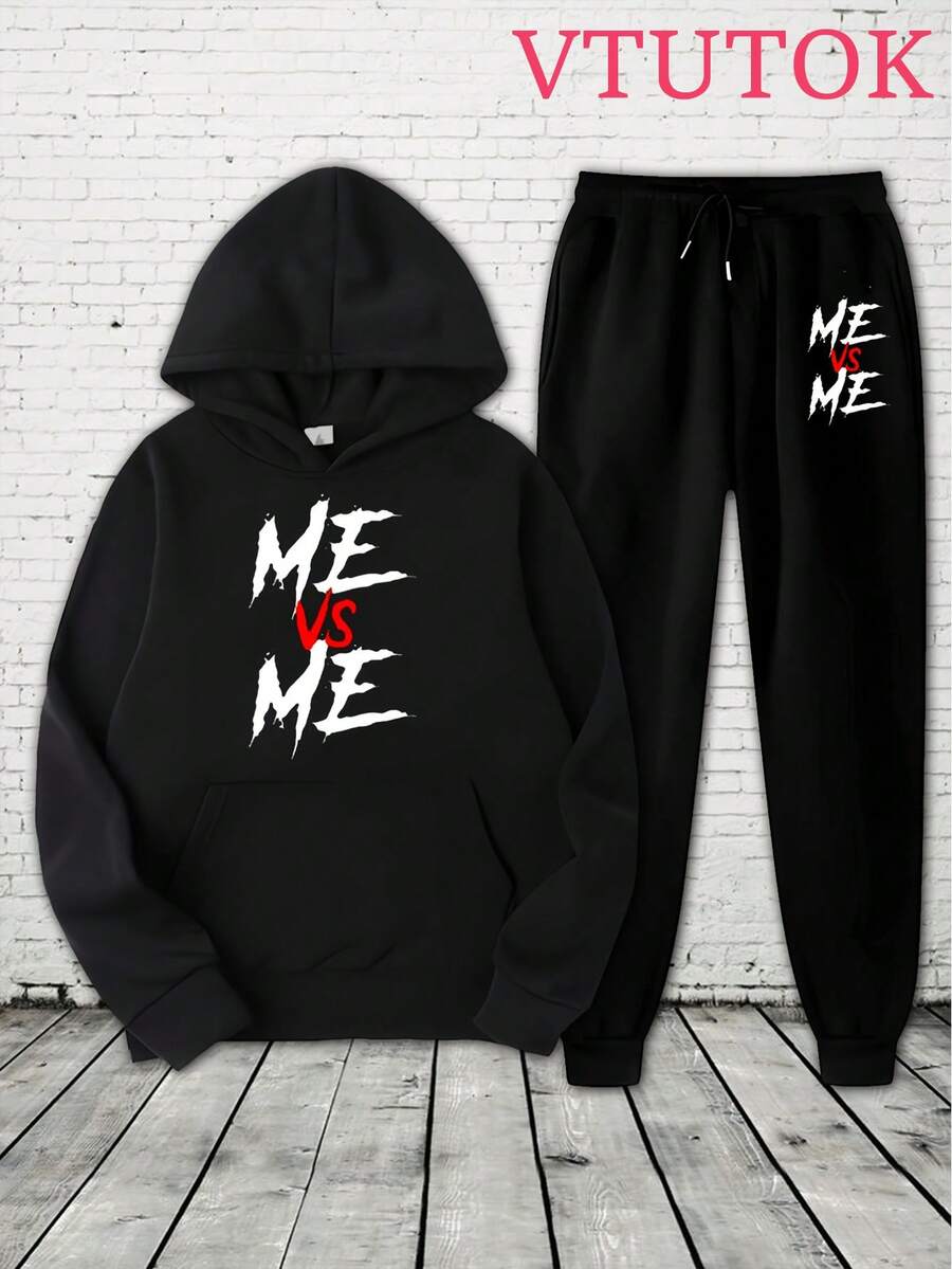 Men's Casual Printed Hoodie And Sweatpants Set, Autumn And Winter Men's Sportswear, Men's Fashion  Sportswear Printed ME VS ME - 黑色 - 查看 1