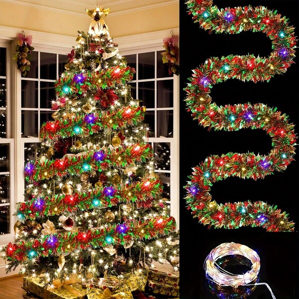 5m/16.4ft Long Christmas Tinsel Garland, Multi-Color Metal Twisted Tinsel Garland With LED Lights (Batteries Not Included), Christmas Tree, Staircase Hanging Garland Decoration, Mantel Decoration (Christmas Atmosphere Colors), Party Favors, Christmas Supplies, Holiday Decorations