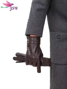 1 Pair Solid Color Casual PU Leather Men's Full Finger Touchscreen Gloves, Faux Sheepskin Faux Leather PU Gloves For Outdoor Sports Cycling, Windproof Waterproof Warm Autumn Outfits