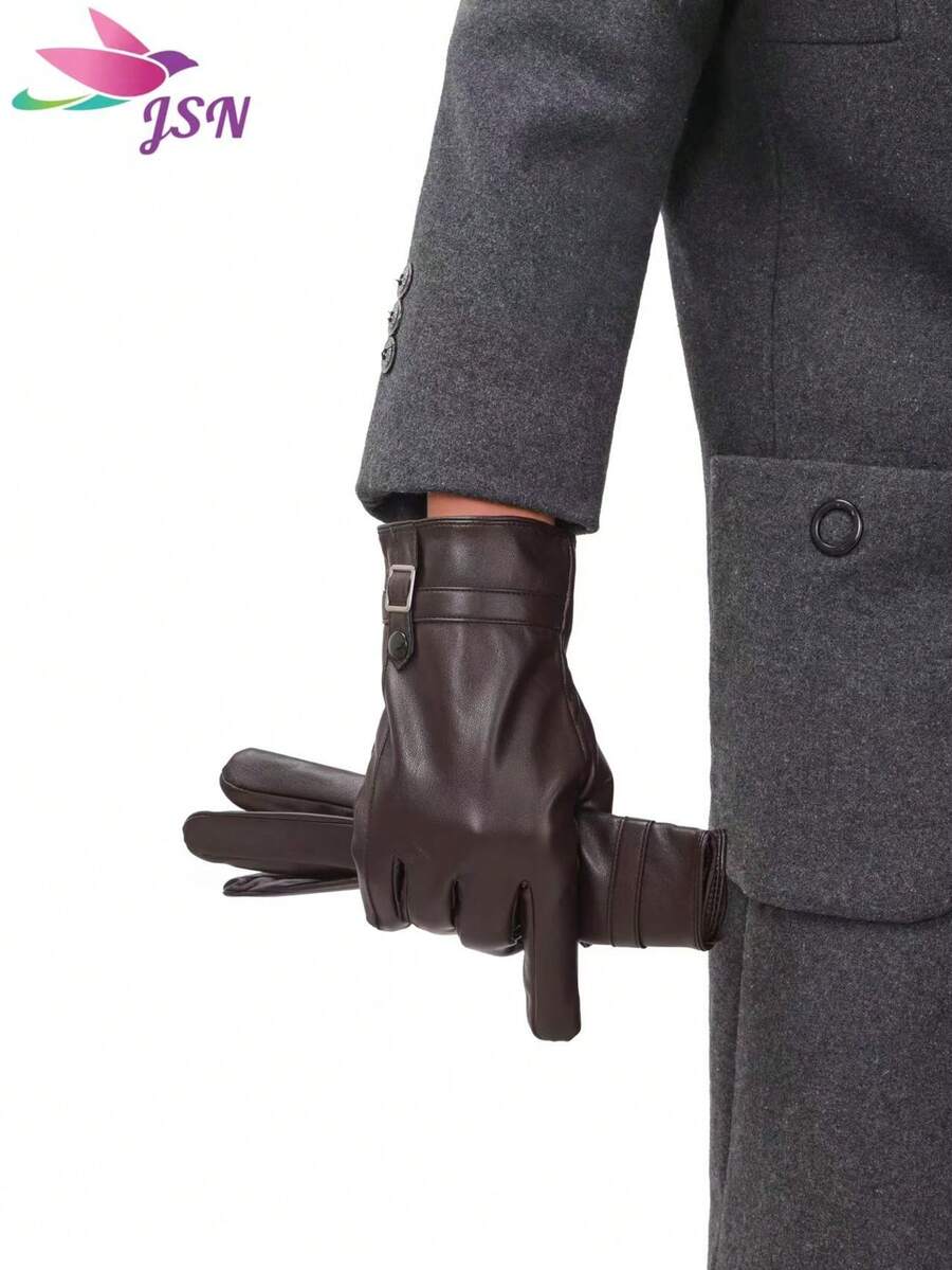 1 Pair Solid Color Casual PU Leather Men's Full Finger Touchscreen Gloves, Faux Sheepskin Faux Leather PU Gloves For Outdoor Sports Cycling, Windproof Waterproof Warm Autumn Outfits