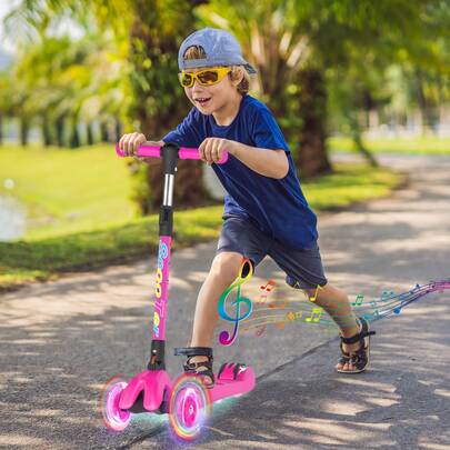 Advwin Advwin Kids Scooter 3 Wheels Folding Music Light Up Kick Scooter 4 Adjustable Height For Ages 3-12 Pink