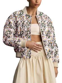 Women's Embroidered Daisy Short Work Jacket, Long-Sleeved Quilted Windbreaker Coat, Fleece-Lined Overcoat - 粉色 - 查看 1