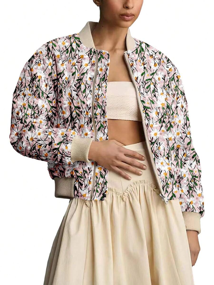 Women's Embroidered Daisy Short Work Jacket, Long-Sleeved Quilted Windbreaker Coat, Fleece-Lined Overcoat - 粉色 - 查看 1