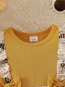 HAO6 Baby Girl Casual Bee Print Dress With Bow Decor, Suitable For Newborn & Baby GirlEveryday Wear, Autumn/Winter - Yellow - View 4