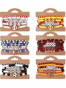 9pcs/Set Stackable Elastic Bracelets For Women, Sports Soft Ceramic & Beaded Soccer Fan Jewelry, Suitable For Daily And Sports Use (Bead And Soft Ceramic Colors Random - No Card Paper)