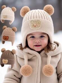 1 件装可爱儿童女孩男孩婴儿帽子羊毛边帽带兔耳朵帽幼儿羊毛耳罩帽柔软新生儿帽 - Bear - 查看 1
