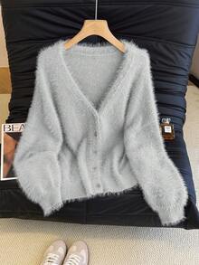 1 pieza Cárdigan de punto de unicolor de piel sintética de marta, adecuado para vacaciones y uso diario, otoño/invierno