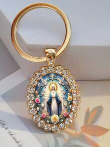 1pc Elegant Painted Virgin Mary Oval Glass Keychain, Romantic For Mother's Day Halloween Accessories Teachers Day Christmas Gift Ideas Bag Accessories Lanyards With Id Holder Car Accessories Bag Charms