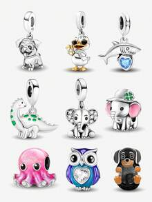 1 件 925 纯银时尚绅士可爱动物四叶草大象珠适合女士手链手镯 DIY 珠宝制作和日常服装搭配珠宝装饰适合女孩 - 銀色 - 查看 12