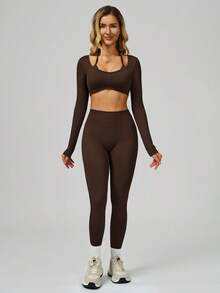 MASKERT Women's Yoga, Fitness, Casual, Sports Pants, Flare Pants, High Waist Running, Quick Dry, Butt Lifting, Yoga Pants, High Elasticity, Skin-Friendly Leggings - Chocolate Brown - View 5