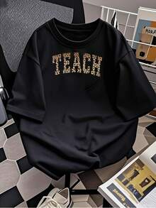 Camiseta de mujer con estampado de leopardo "TEACH", informal, de manga corta y cuello redondo, para primavera y verano, 100 % algodón (220 g de grosor). - Negro - Ver 2