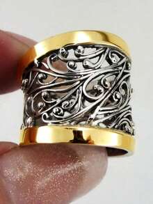 1 件几何镂空植物藤蔓双色宽戒指，时尚复古戒指适合男女，派对、聚会、日常佩戴，新款秋冬珠宝礼物 - 彩色 - 查看 1