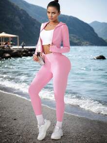 Ensemble sweat-shirt à capuche zippé et pantalon ajusté à la taille pour femmes, couleur unie - Rose bonbon - Voir 2