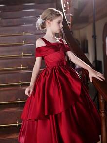 青少年女孩长款露肩酒红色连衣裙，适合儿童生日派对、婚礼、新年、圣诞节、节日场合、花童礼服、舞会、派对 - 酒紅色 - 查看 5