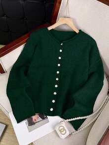 Vivid Style Autumn/Winter New Women's Curled Collar Round Neck Shell Button Long Sleeve Knit Cardigan, Short Loose Comfortable Solid Color Sweater Jacket, Retro, Christmas, Christmas Sweater, New Year Attire