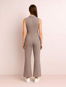 Conjunto de dos piezas de top corto  sin mangas con cuello y pantalón para mujer, tejido elástico medio - Marrón Chocolate - Ver 4