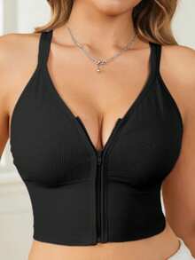 1 szt. bezszwowy, zapinany na zamek błyskawiczny z przodu, usztywniany, ochronny, seksowny biustonosz bez rękawów z odkrytymi ramionami, biustonosz sportowy do jogi i fitnessu z wycięciem w serek na plecach, oddychający, bezprzewodowy, dla kobiet