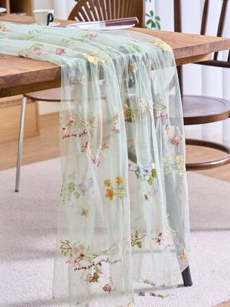 1pc Light Green Floral Embroidered Lace Table Runner, American Farmhouse Style Transparent Tulle Rectangular Tablecloth, Suitable For Weddings, Hotels, Daily Use, Holidays, Birthday Parties, Family Dinners, All Seasons