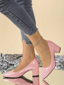 女士极简主义大码尖头漆皮高跟鞋，流畅的设计，简约优雅，时尚百搭，2025 年秋季新品；适合通勤、购物、约会；女士一脚蹬高跟鞋 - 粉色 - 查看 4