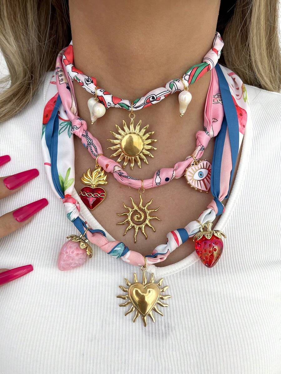 1pc Bohemian Style Ocean Inspired Y2K Creative Fashion: Elegant, Exquisite, Sweet, Charming Luxury Sunshine/Heart/Lip/Strawberry/Balloon Dog/Rainbow Pendant Scarf Printed Fabric Necklace, Suitable For Women, Sisters, Couples, Prom Or Graduation Gifts; Suitable For Daily Wear, Dates, Parties, Weddings, Holidays And Summer Beach Vacations; Affordable Price