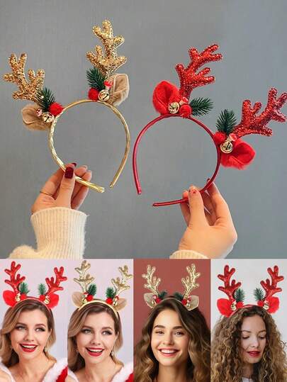 Băng đô gạc tuần lộc Giáng sinh 2 chiếc mới với các yếu tố động vật dễ thương - Phụ kiện tóc ngày lễ hội, Nhựa, Không lông vũ, Băng đô tóc thời trang, Lý tưởng để làm quà tặng, Băng đô Giáng sinh hình nấm kim sa vàng, Mũ đội đầu lễ hội kim sa sừng hươu lớn sang trọng mới dành cho nữ, Phụ kiện tóc phong cách Mori, Giáng sinh