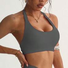 女士高强度运动文胸，支撑性吊带背心，无缝健身运动服，瑜伽文胸 - 灰色 - 查看 14