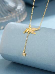 1pc S925 Sterling Silver Necklace, Fairy Angel Cubic Zirconia Star Pendant, Delicate Tassel Choker Necklace, Luxury Minimalist Design, Jewelry Gift For Women, Girlfriend, Mother, Friend, Everyday Wear