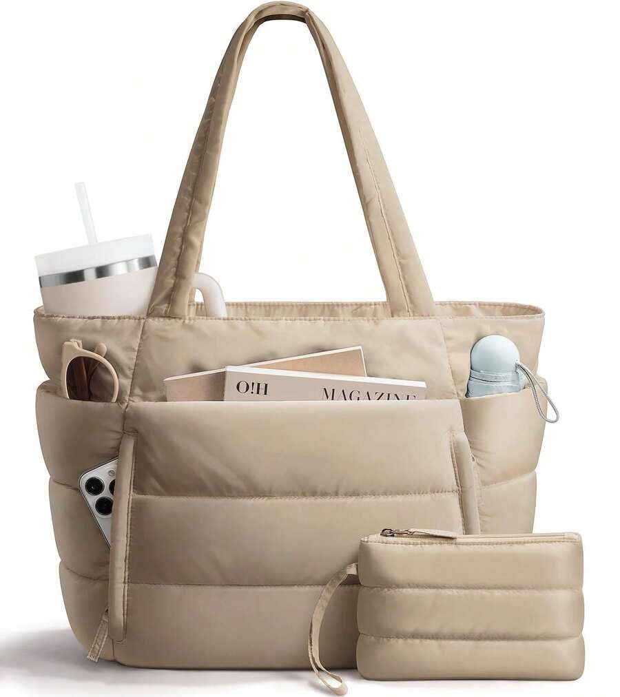 Puffer Tote Bag For Women, Lightweight Puffy Work Handbag Teacher Nurse Quilted Shoulder Bag For School Travel Gym - Lạc đà - Xem 1