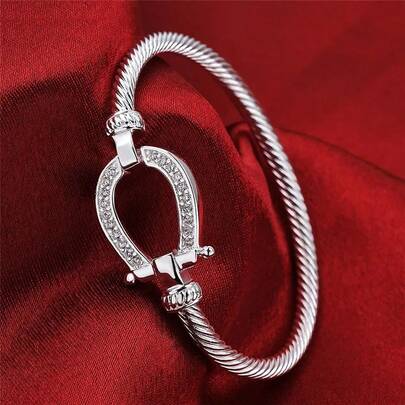 Brazalete de plata de ley 925 con herradura plateada para mujer, joyería de disfraz, decoración, brazalete de gota de agua con cierre en U, regalo