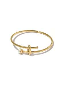 1pc Elegant Casual Faux Pearl Decor Stainless Steel Bangle Easily Matched Cuff Bracelet Classic Golden Or Silvery Jewelry Accessories For Women For Daily Wear