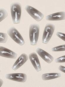 24 片银色月亮和星星设计指甲贴，矩形假指甲，含 1 片果冻指甲胶和 1 个指甲锉，适合派对、旅行、约会按压指甲美甲用品 - 銀色 - 查看 3