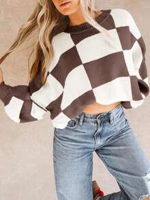 1pc Brown Contrast Plaid Knit Pullover Sweater, Plus Size Basic Long Sleeve Top, Plus Size Women Autumn/Winter Casual/Business Outerwear - Coffee Brown - View 5