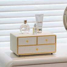 1pc Multi-Drawer Makeup Storage Box, Desktop Organizer, Woven Jewelry Box, Compartmentalized Cosmetic Storage, Large Capacity Makeup Display Rack, Leather Woven Texture Storage Container, Handmade Skincare Bottle & Jar Holder, Suitable For Home Organization, Entryway, Living Room, Bedroom, Vanity