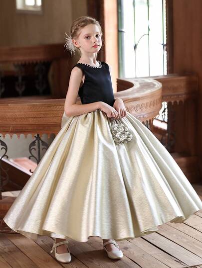 少女金色蝴蝶结 V 领花童派对礼服，优雅的女童公主裙，适合儿童生日派对、花童婚礼、舞会、重要场合和节日