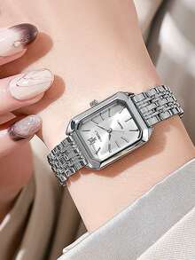 女士时尚方形手表金色合金表带2025奢华女士石英腕表品质女式罗马刻度钟 - 銀色 - 查看 14