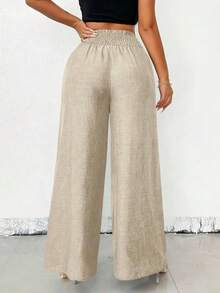 Calça Pantalona Plus Size Feminina- Linho 100% - Corrente Dourada | Cintura Alta | G1, G2, G3 - Bege - Visão 4