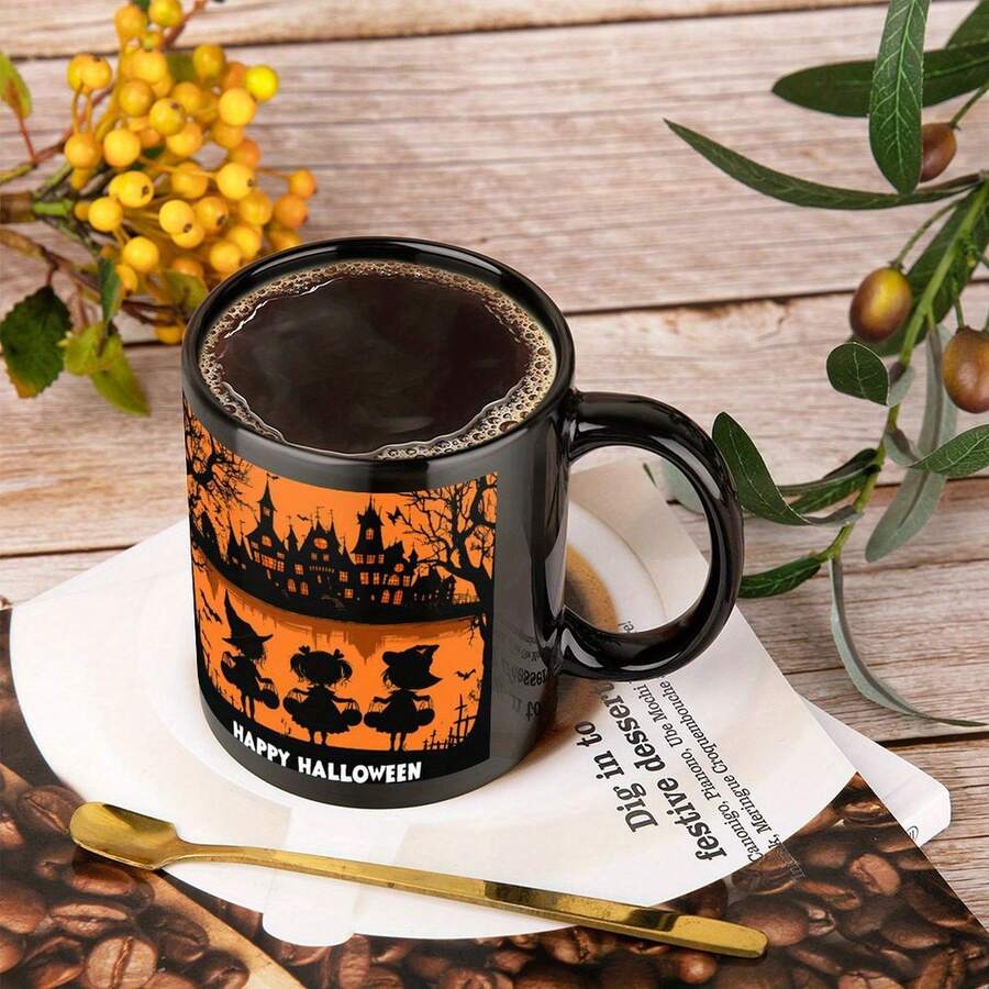 1pc Minimalist Christmas & Halloween Pumpkin Black Ceramic Mug, Coffee Cup, Gift