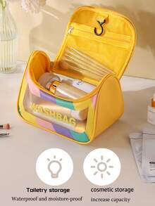 1 pieza Nueva bolsa de maquillaje de lujo minimalista y multicolor transparente con letra, bolsa de cosméticos impermeable de mano para necesidades diarias y viajes, bolsa de aseo grande de capacidad visible con acabado mate grueso para dormitorio, exterior, puede contener cables, cosméticos y otros artículos diarios, esenciales universitarios de otoño, bolsa de viaje de vacaciones, bolsa de viaje para mujeres, organizador de maquillaje