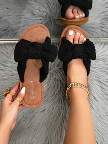 Women's Autumn/Winter Fashion Simple Sweet Cute Slouchy Casual Curly Wool Bow Black & Brown Flat Slippers, Suitable For Hotel Vacation, Party, Dinner, French INS Style Youthful Energetic Lightweight Comfortable Warm Black & Camel Indoor Home Slippers