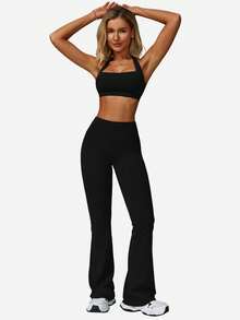 MFVIM 2 件套女式无袖露背吊带上衣和高腰喇叭裤健身服，夏季 - 黑色 - 查看 7