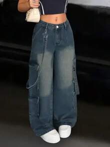 Women's Mid-Rise Casual Washed Denim Straight-Leg Pants With Multiple Pockets, Loose And Comfortable, Suitable For Street, Campus, Travel, Party, Music Festival Pantalones Jeans De Mujer - 深藍色 - 查看 4