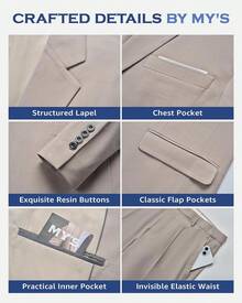 Men's 3 Piece Suit Set With Tie, 2 Button Vest & Pants, Business Wedding Party Prom Suit - 卡其色 - 查看 4