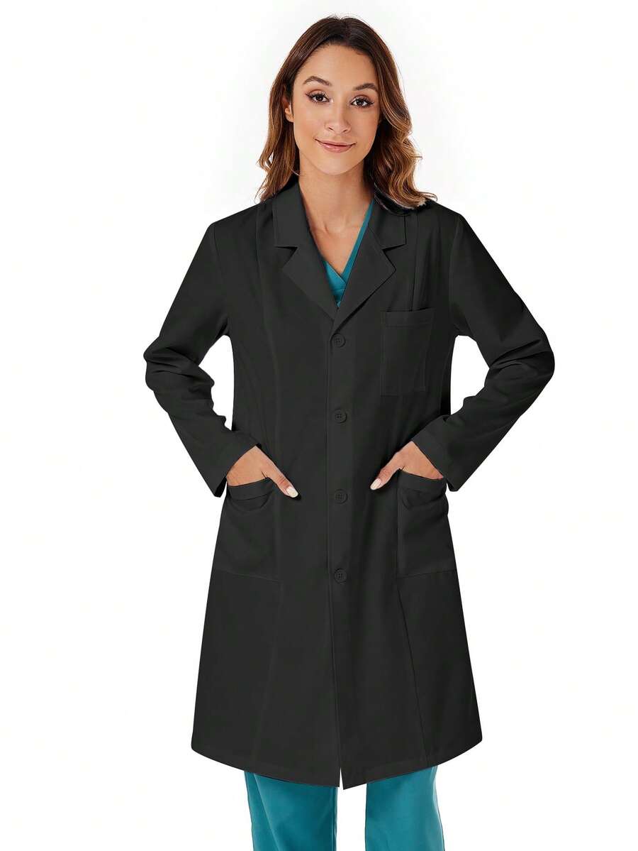 cimmuovere Long Sleeve Pocket Lab Coat Jacket With Single-Breasted Lapel Collar - Black - View 1