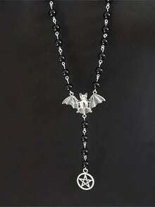 1pc Vintage Gothic Bat Pendant Necklace - Movable Wing Charm & Pentagram Drop On Black Bead Chain, Vampire Bat Witch Pagan Dark Bohemian Jewelry Gift For Women Men Party Halloween Accessory